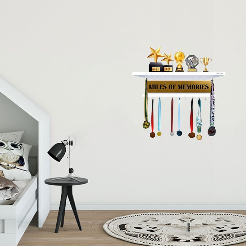 Odestar - Wooden Medal Holder Hanger Award, Medal Display Rack & Trophy Shelf Wall Mounted | Miles of Memories |Engineered Wood with 18 - Hooks (Size ‎40 x 5 x 8 Centimeters) White - Image 1