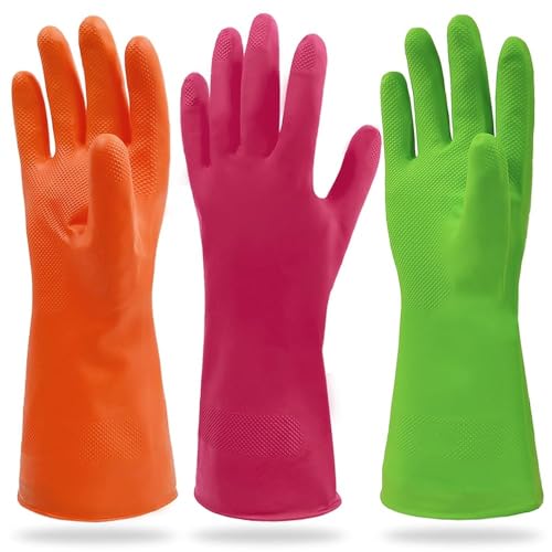 Cleanbear Synthetic Rubber Gloves, Medium Size, 11.8 Inches, 3 Pairs 3 Colors for Household Cleaning, Dishwashing and Other Home Cleaning Use - Image 1