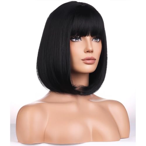 BERON Black Bob Wigs Short Straight Hair Wig for Women Wigs with Bangs Synthetic Daily Use Wigs Wig Cap Include - Image 3