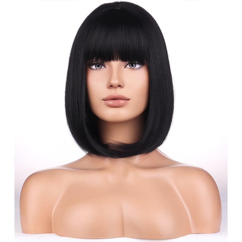 BERON Black Bob Wigs Short Straight Hair Wig for Women Wigs with Bangs Synthetic Daily Use Wigs Wig Cap Include - Image 2