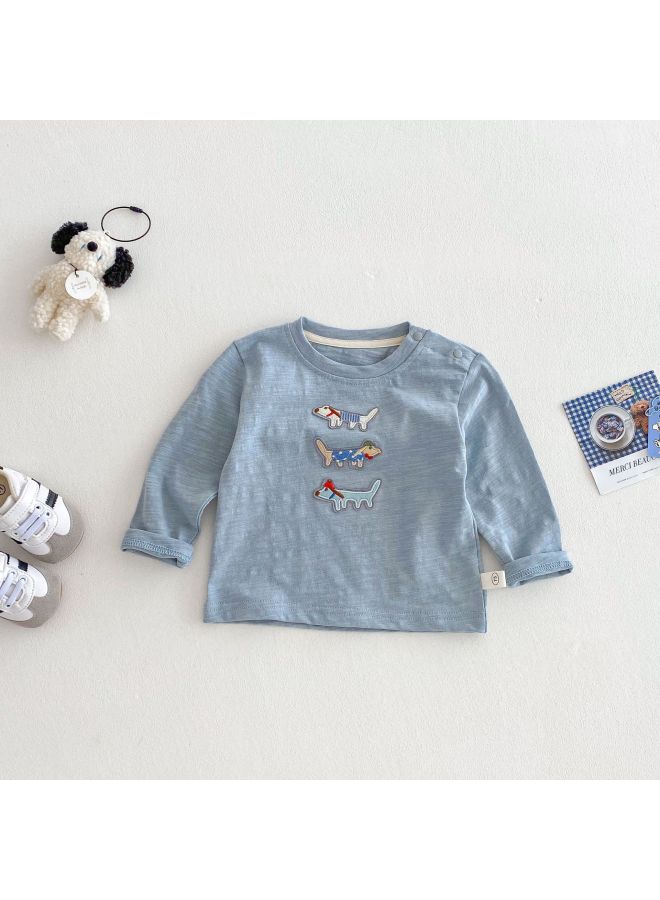 Children's Bamboo Cotton T-shirt Little Left Little Right Baby Patch Cartoon Dog Base Shirt Boys' Loose Long-sleeved Top