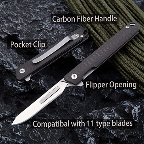 TENCHILON TC18 Small Carbon Fiber Pocket Folding Scalpel Knife, 10pcs #60 and #24 Replaceable Blades, Compact Slim Gentleman's Flipper EDC Utility Knives with Pocket Clip - Image 4