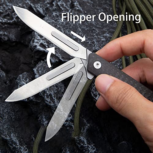 TENCHILON TC18 Small Carbon Fiber Pocket Folding Scalpel Knife, 10pcs #60 and #24 Replaceable Blades, Compact Slim Gentleman's Flipper EDC Utility Knives with Pocket Clip - Image 5
