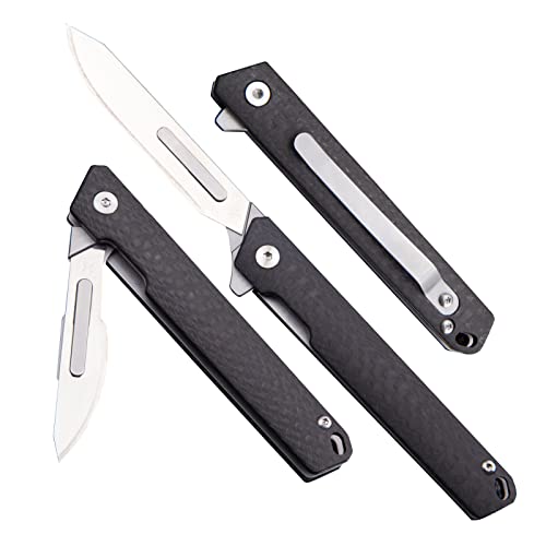 TENCHILON TC18 Small Carbon Fiber Pocket Folding Scalpel Knife, 10pcs #60 and #24 Replaceable Blades, Compact Slim Gentleman's Flipper EDC Utility Knives with Pocket Clip - Image 1