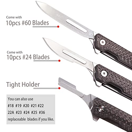 TENCHILON TC18 Small Carbon Fiber Pocket Folding Scalpel Knife, 10pcs #60 and #24 Replaceable Blades, Compact Slim Gentleman's Flipper EDC Utility Knives with Pocket Clip - Image 2