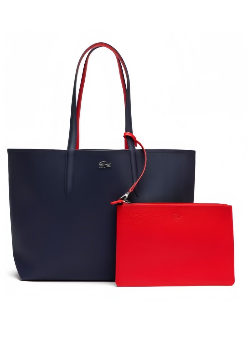 لاكوست حقيبة يد نسائية من لاكوست ذات وجهين وبسعة كبيرة، عصرية ومتعددة الاستخدامات، باللون الأزرق الداكن/الأحمر - Image 1