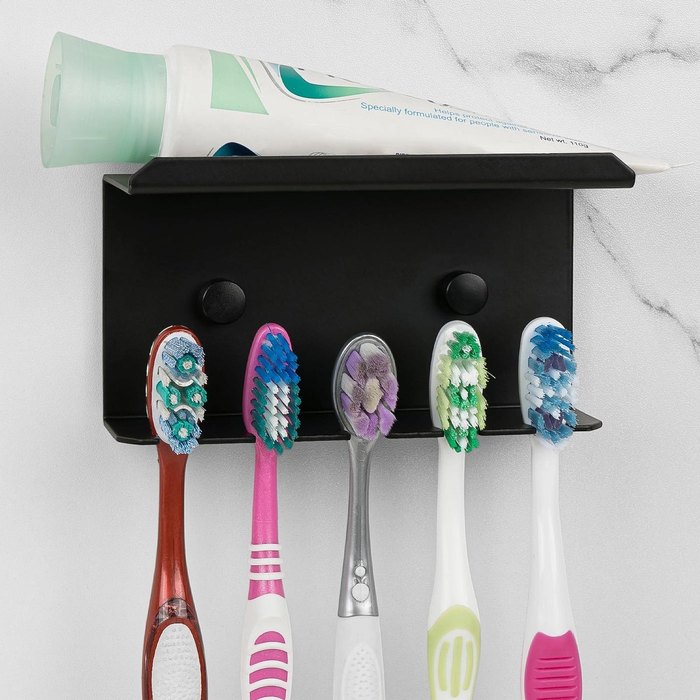 Linkidea Wall Mounted Toothbrush Holder for Shower, Aluminum Self-Adhesive 5 Slots Tooth Brush and Toothpaste Organizer Hanger Compatible with Colgate Extra Clean, Oral-B CrossAction (Black)