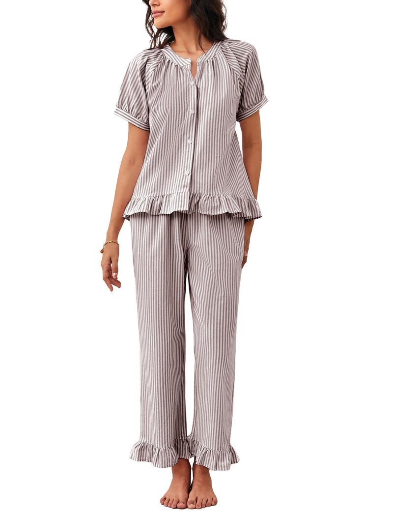 Flygo Womens Striped Pajama Sets 2 Piece Cotton Pjs Lounge Set Ruffle Button Down Tops Long Pants Soft Sleepwear with Pockets(Coffee-L) - Image 1