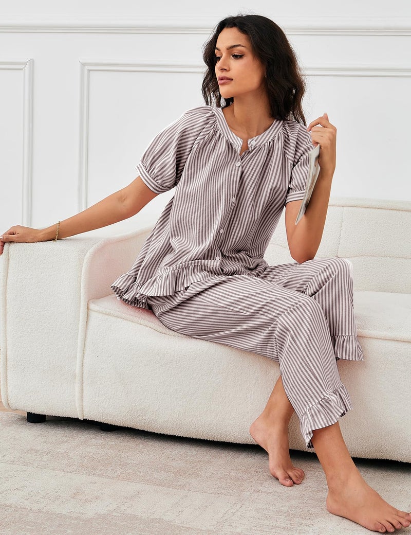 Flygo Womens Striped Pajama Sets 2 Piece Cotton Pjs Lounge Set Ruffle Button Down Tops Long Pants Soft Sleepwear with Pockets(Coffee-L) - Image 5