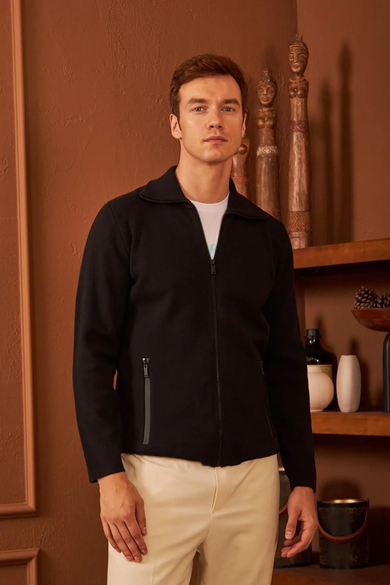 Odelon Men's Waterproof Zippered Cotton Knitwear Cardigan Black HRK201