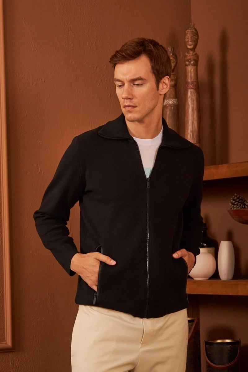 Odelon Men's Waterproof Zippered Cotton Knitwear Cardigan Black HRK201