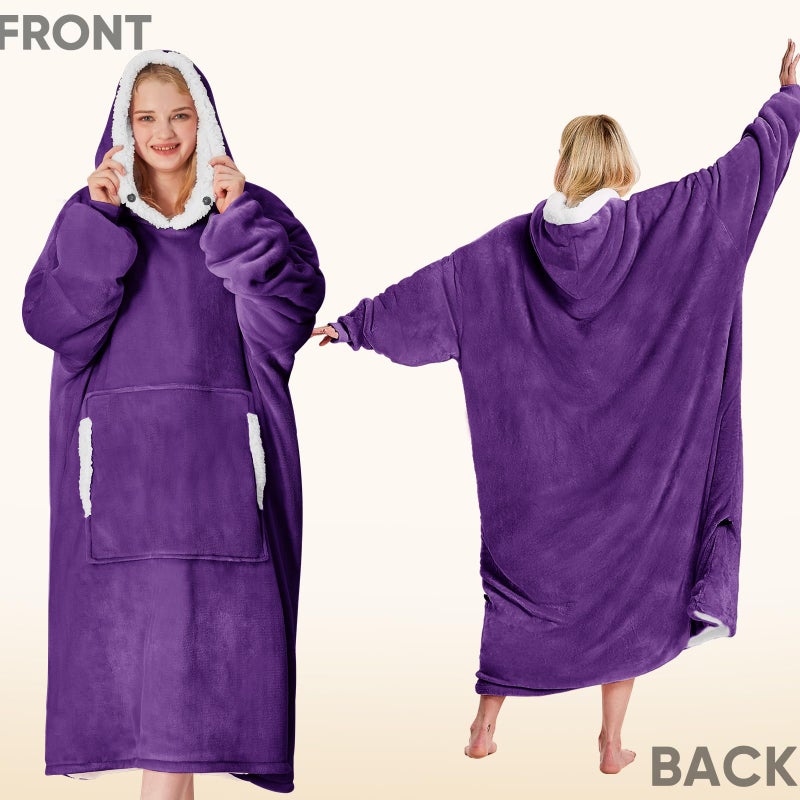 yescool Wearable Blanket Hoodie - birthday gifts for Adults/Women/mom, Flannel Cozy Sherpa Fleece Blanket Sweatshirt with Hood, Pocket & Sleeves, Large, One Size Fits All (Deep Purple) - Image 3