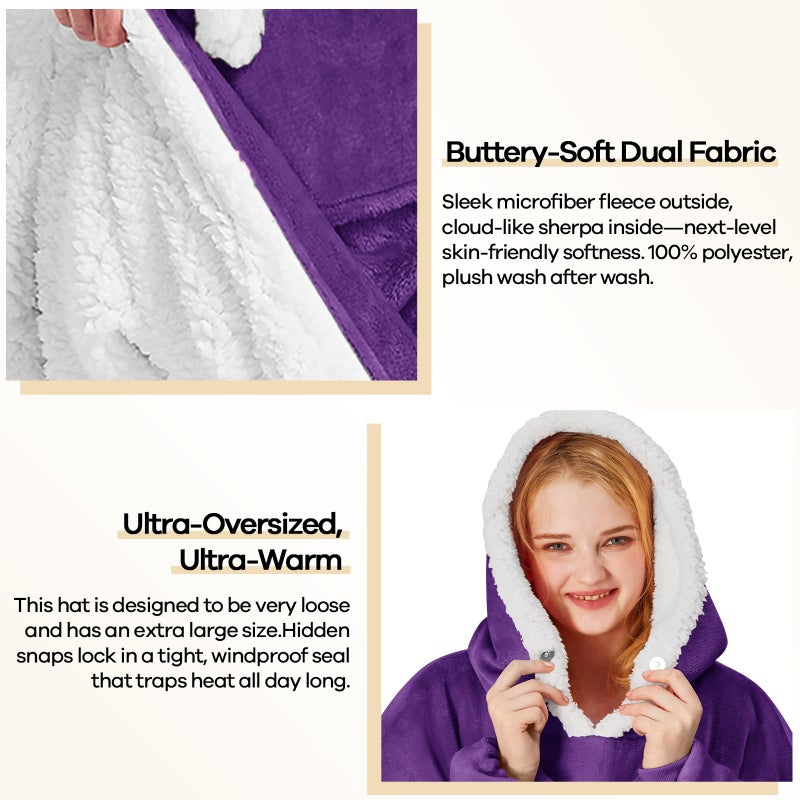 yescool Wearable Blanket Hoodie - birthday gifts for Adults/Women/mom, Flannel Cozy Sherpa Fleece Blanket Sweatshirt with Hood, Pocket & Sleeves, Large, One Size Fits All (Deep Purple) - Image 4
