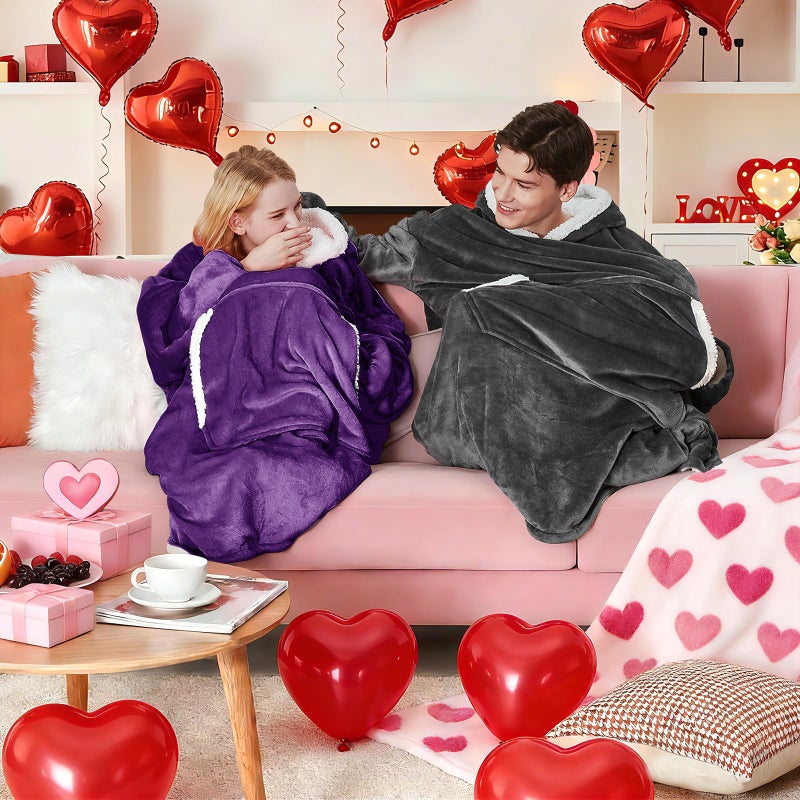 yescool Wearable Blanket Hoodie - birthday gifts for Adults/Women/mom, Flannel Cozy Sherpa Fleece Blanket Sweatshirt with Hood, Pocket & Sleeves, Large, One Size Fits All (Deep Purple) - Image 2