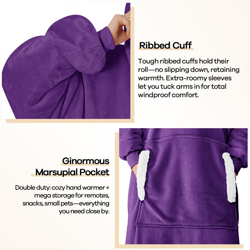 yescool Wearable Blanket Hoodie - birthday gifts for Adults/Women/mom, Flannel Cozy Sherpa Fleece Blanket Sweatshirt with Hood, Pocket & Sleeves, Large, One Size Fits All (Deep Purple) - Image 5