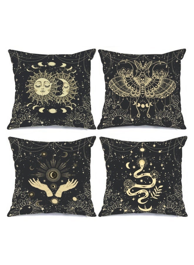 SYOSI Bohemia Throw Pillow Covers, Set of 4, Cosmic Moon Phases Sun Moth Snake Design, 18x18 Inch, Square Modern Cushion Covers for Outdoor Decorative Couch Sofa Living Room Gift - Image 1