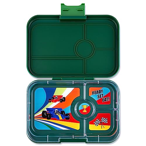 Yumbox Tapas 4-Compartment Bento Lunch Box, Large Size, Perfect for Sandwiches, Eco-friendly, Leakproof (Greenwich Green- Race Cars Tray) - Image 1