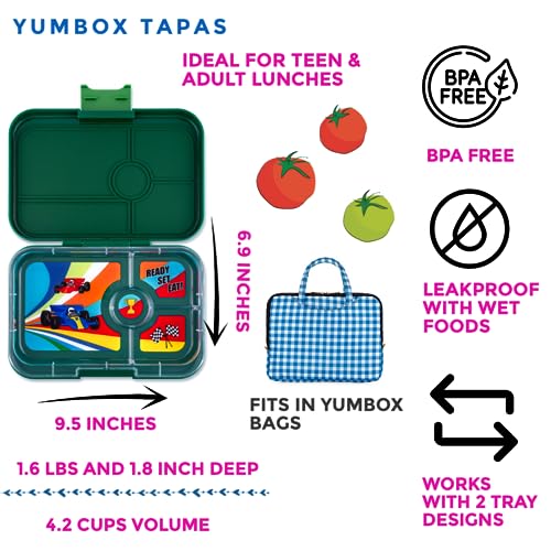 Yumbox Tapas 4-Compartment Bento Lunch Box, Large Size, Perfect for Sandwiches, Eco-friendly, Leakproof (Greenwich Green- Race Cars Tray) - Image 2