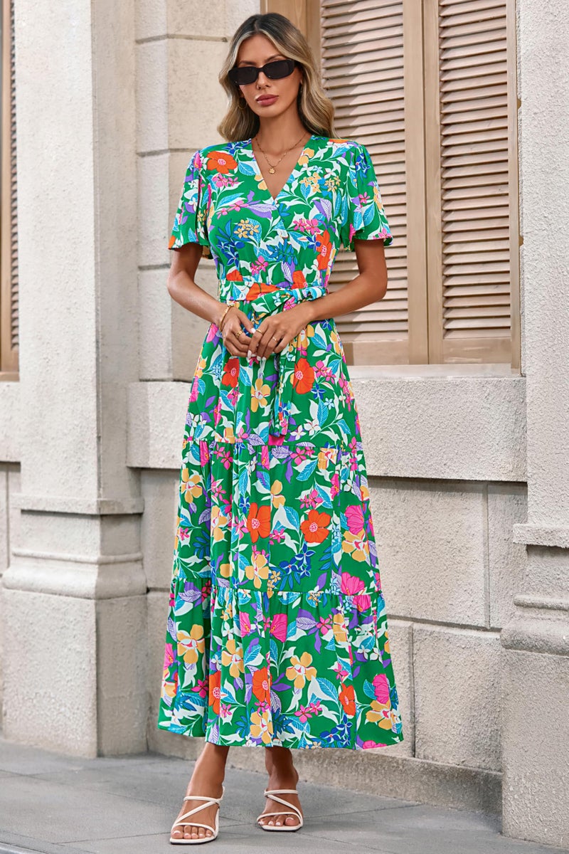 MASCOMODA Womens Summer Boho Maxi Dress Floral Wrap V Neck Flutter Short Sleeve Tie Waist A Line Tiered Flowy Long Dresses(Green Orange Flower,Medium) - Image 5
