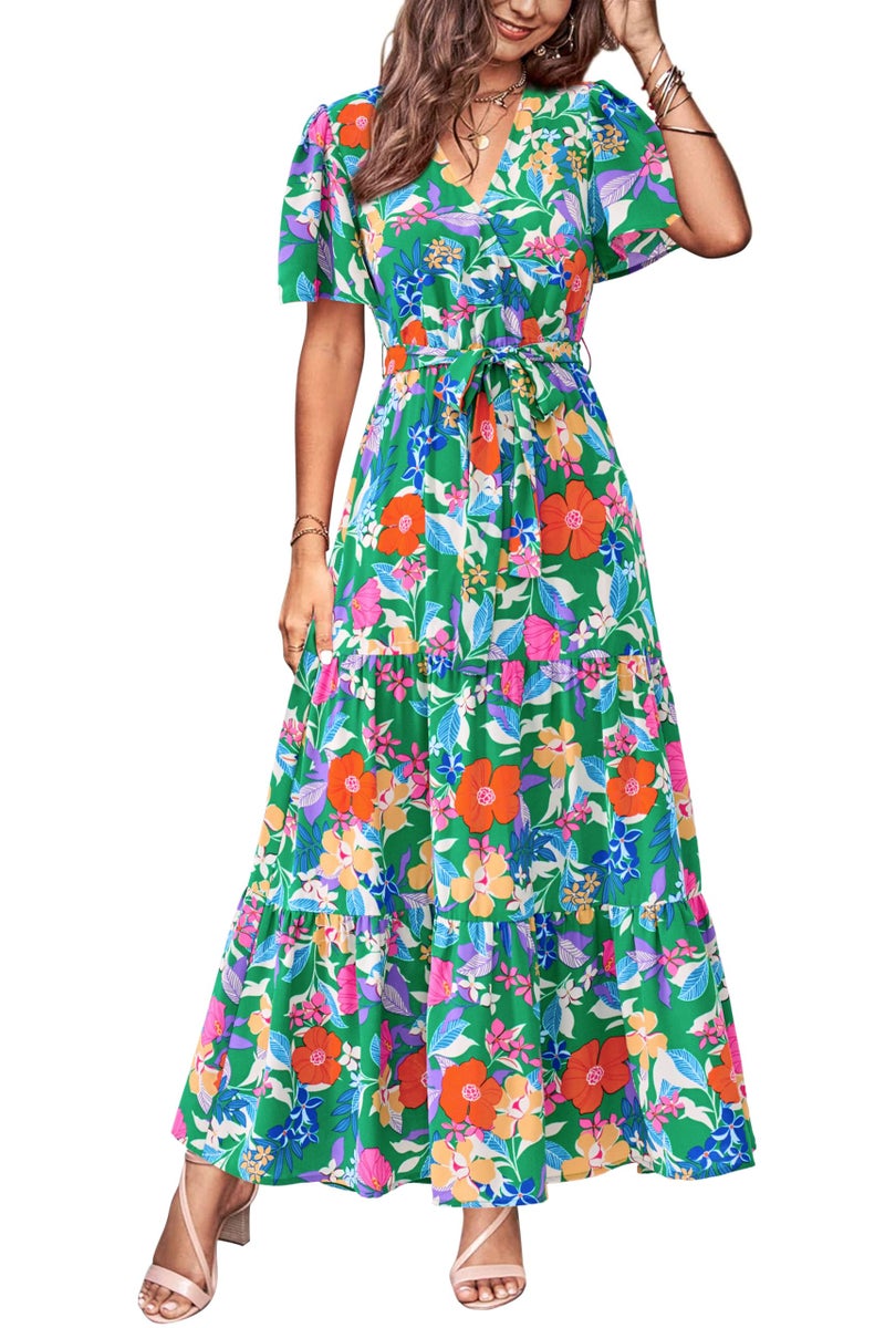 MASCOMODA Womens Summer Boho Maxi Dress Floral Wrap V Neck Flutter Short Sleeve Tie Waist A Line Tiered Flowy Long Dresses(Green Orange Flower,Medium) - Image 1