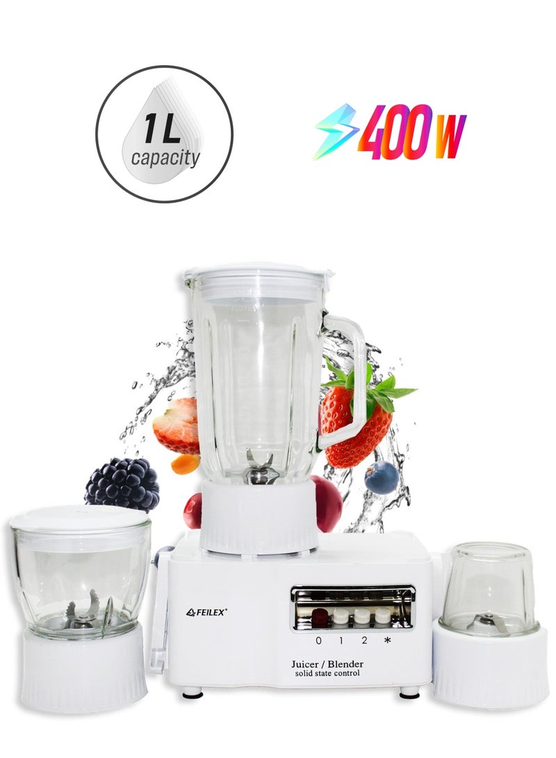 فيليكس خلاط كهربائي 4  في 1 بقدرة 400 واط وعاء زجاجي سعة 1لتر سرعتين FXSB-240 أبيض - Image 1