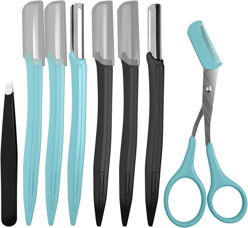 8pc Eyebrow Scissors & Dermaplaning Face Shaver Kit - Professional Precision Tools for Smooth Skin, Facial Hair Remover - Includes Tweezer for Flawless Grooming