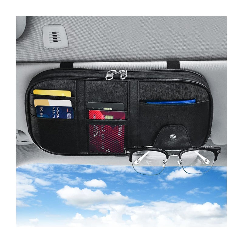 BELOMI Car Sun Visor Organizer Sunglass Holder and Storage Pocket Card Cash Pouch with MultiPocket Net Zipper Case Bag for License Pen Key Auto Interior Accessories for Truck SUV Van Black - Image 3