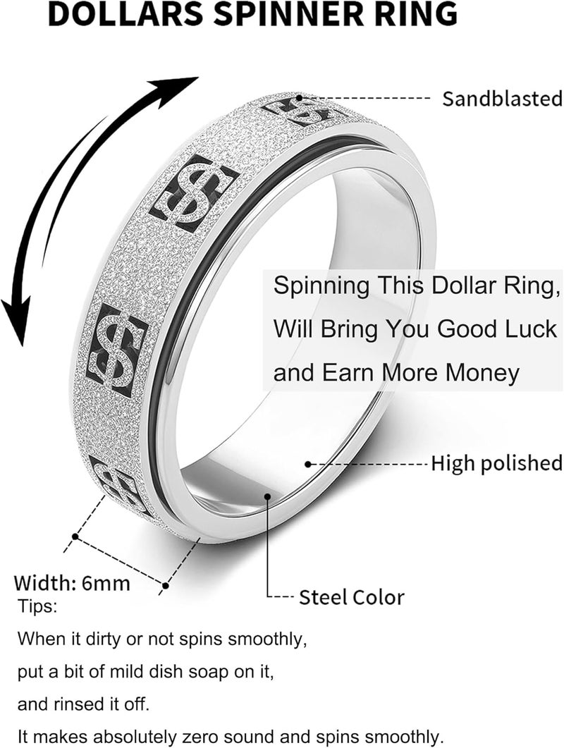 OreilleStar Fidget Ring Toys for Adults Anxiety: Stainless Steel Spinner Thumb Rings for Women Men Cute Dollar Symbol 5 Colors: Gold Silver Black Rose Gold Rainbow Size 5 6 7 8 9 10 11 - Image 2