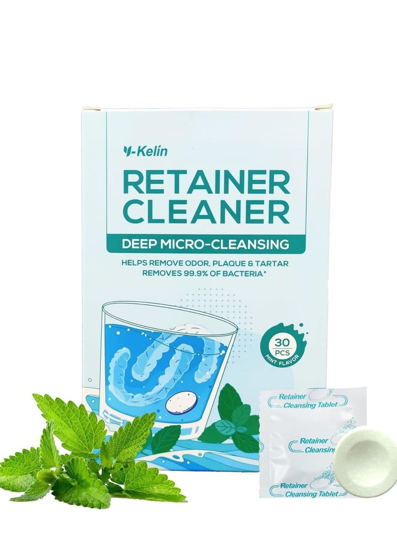 Y-Kelin 30 PCS Denture Cleaning Tablets for Aligner, Retainer Cleaner Tablets, Mouth & Night Guard, Removes Odor Oral, Work with Ultrasonic Retainer Cleaner and Retainer Cleaner Machine, Mint Flavor  - Image 1