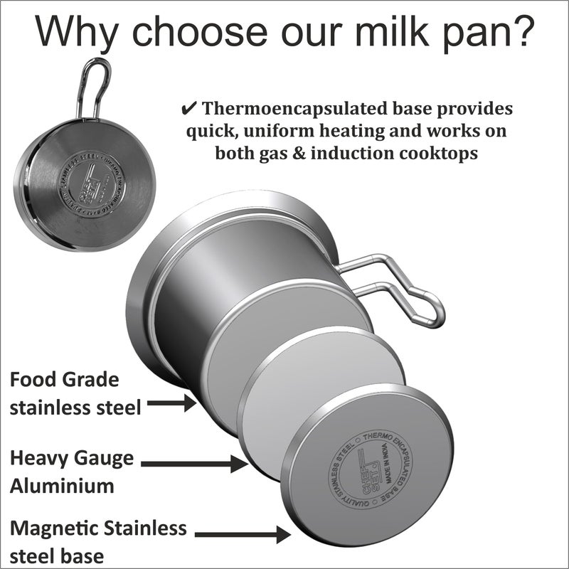 chefset Chef Set Stainless Steel Milk Pan with Thermoencapsulated Base | Induction & Gas Compatible | Heat-Resistant Handle | Stainless Steel Lid (1 Litre 14 cm Diameter) - Image 2
