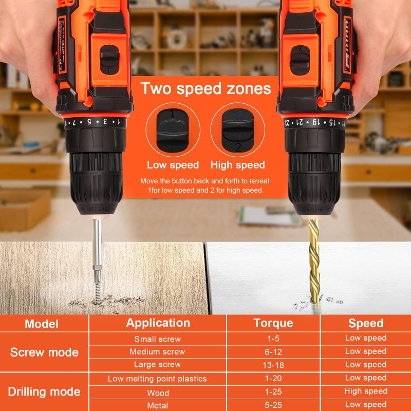 BIHOO 12V Drill Driver Set Cordless Drill With Battery And Charger Led Tools Kit 25+1 Torque Setting And 43Pcs Bits - Image 3