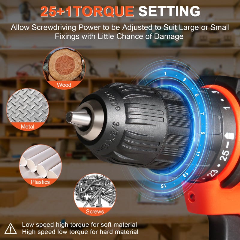 BIHOO 12V Drill Driver Set Cordless Drill With Battery And Charger Led Tools Kit 25+1 Torque Setting And 43Pcs Bits - Image 2
