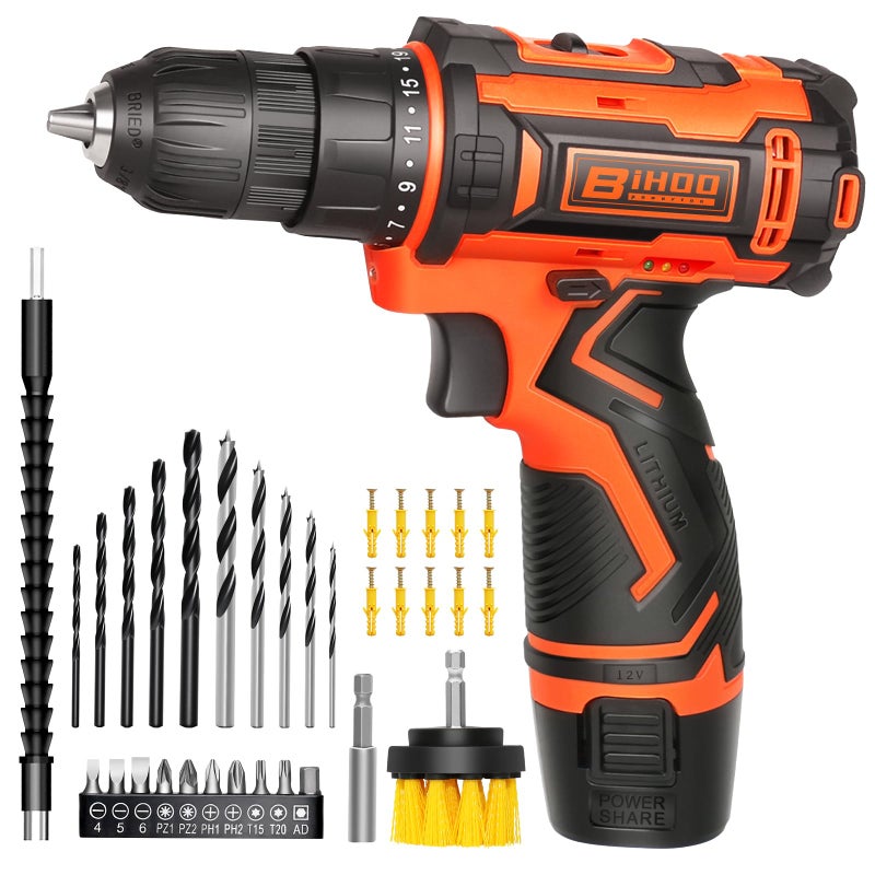 BIHOO 12V Drill Driver Set Cordless Drill With Battery And Charger Led Tools Kit 25+1 Torque Setting And 43Pcs Bits - Image 1