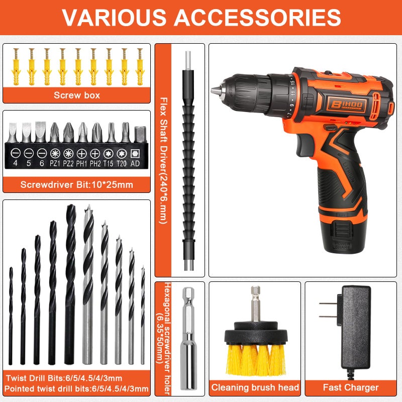 BIHOO 12V Drill Driver Set Cordless Drill With Battery And Charger Led Tools Kit 25+1 Torque Setting And 43Pcs Bits - Image 4