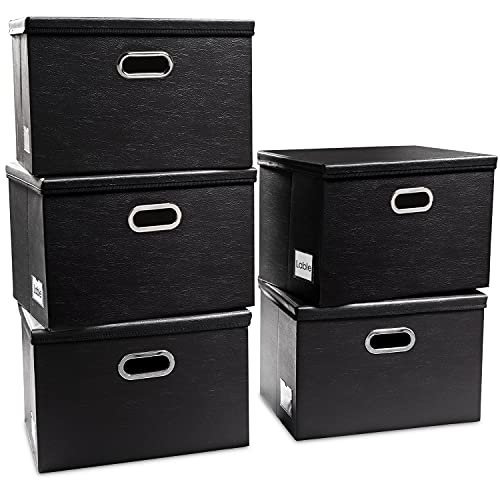 PRANDOM Foldable Storage Bins with Lids [5-Pack] Leather Fabric Collapsible Storage Boxes Organizer Containers Baskets Cube with Cover for Bedroom Closet Office Nursery Black (14.9x10.8x10) - Image 1