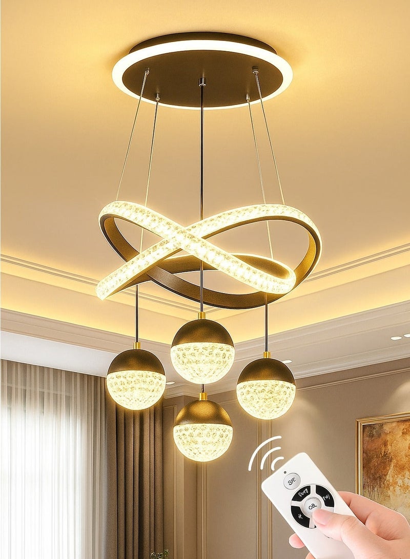 الثريات ثريا LED مودرن فاخرة للسقف – 3 ألوان إضاءة مع ريموت كنترول – نجفة سوداء بتصميم حلقات متقاطعة مع كرات – إضاءة داخلية لغرفة المعيشة - Image 1