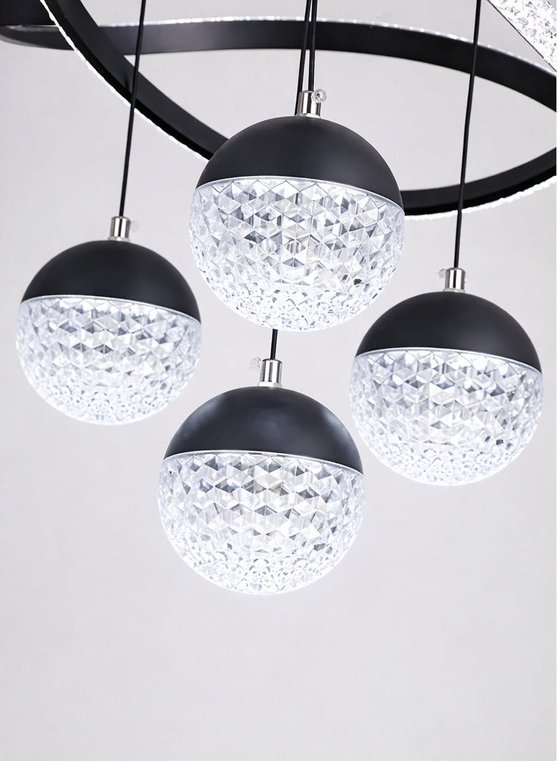 الثريات ثريا LED مودرن فاخرة للسقف – 3 ألوان إضاءة مع ريموت كنترول – نجفة سوداء بتصميم حلقات متقاطعة مع كرات – إضاءة داخلية لغرفة المعيشة - Image 3