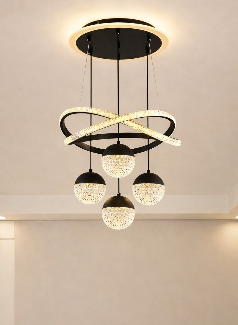 الثريات ثريا LED مودرن فاخرة للسقف – 3 ألوان إضاءة مع ريموت كنترول – نجفة سوداء بتصميم حلقات متقاطعة مع كرات – إضاءة داخلية لغرفة المعيشة - Image 5