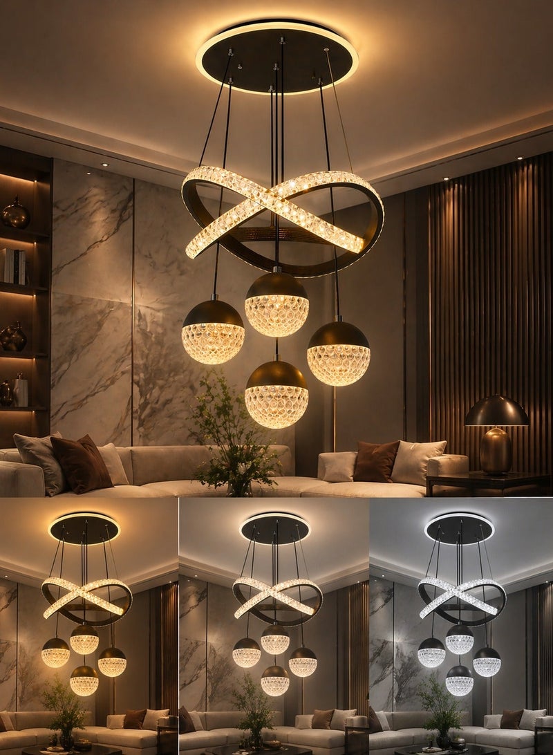 الثريات ثريا LED مودرن فاخرة للسقف – 3 ألوان إضاءة مع ريموت كنترول – نجفة سوداء بتصميم حلقات متقاطعة مع كرات – إضاءة داخلية لغرفة المعيشة - Image 2