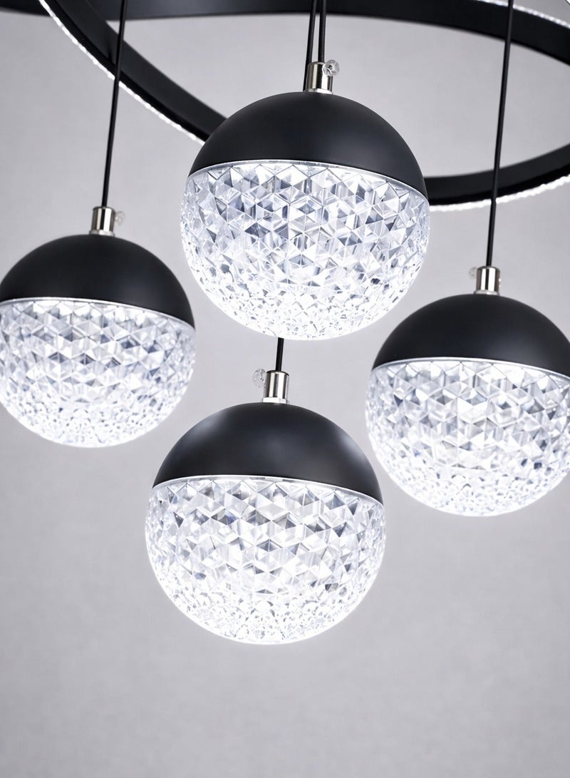 الثريات ثريا LED مودرن فاخرة للسقف – 3 ألوان إضاءة مع ريموت كنترول – نجفة سوداء بتصميم حلقات متقاطعة مع كرات – إضاءة داخلية لغرفة المعيشة - Image 4