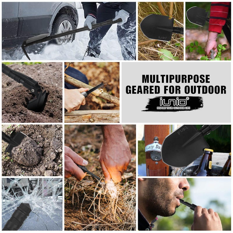 iunio 31in Folding Camping Shovel, Survival Shovel w/Pick, Heavy Duty Carbon Steel Military Style Entrenching Tool, Foldable Collapsible Shovel for Off Road, Gardening, Snow, Trenching, Car Emergency - Image 3
