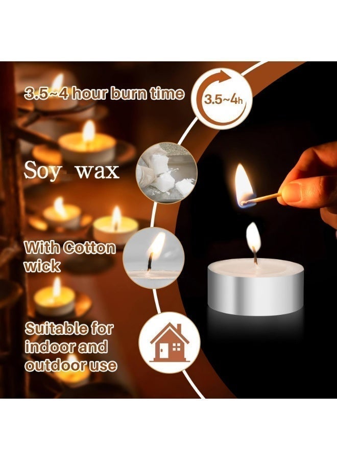 100 قطعة شموع تي لايت بيضاء بدون رائحة، شمع صويا احتراق طويل بدون دخان للديكور المنزلي والحفلات والزفاف والاستخدام الطارئ (3.8×1.5 سم) - Image 3