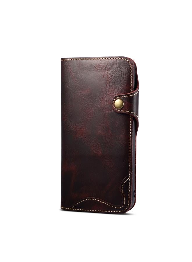 Denior Case For iPhone 14 Plus Oil Wax Cowhide Magnetic Button Genuine Leather Case - Image 2