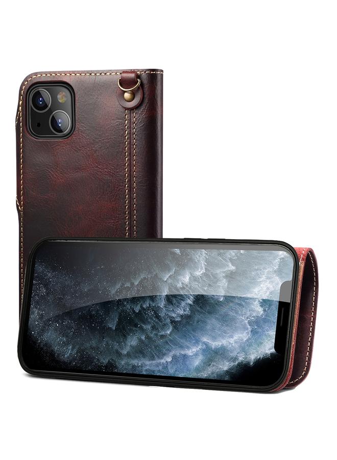 Denior Case For iPhone 14 Plus Oil Wax Cowhide Magnetic Button Genuine Leather Case - Image 1
