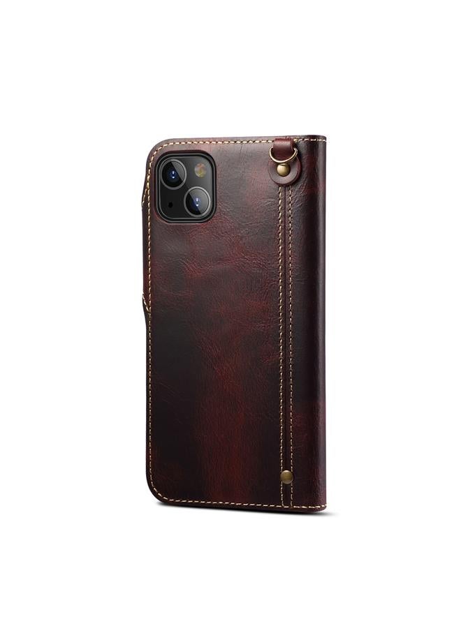 Denior Case For iPhone 14 Plus Oil Wax Cowhide Magnetic Button Genuine Leather Case - Image 3