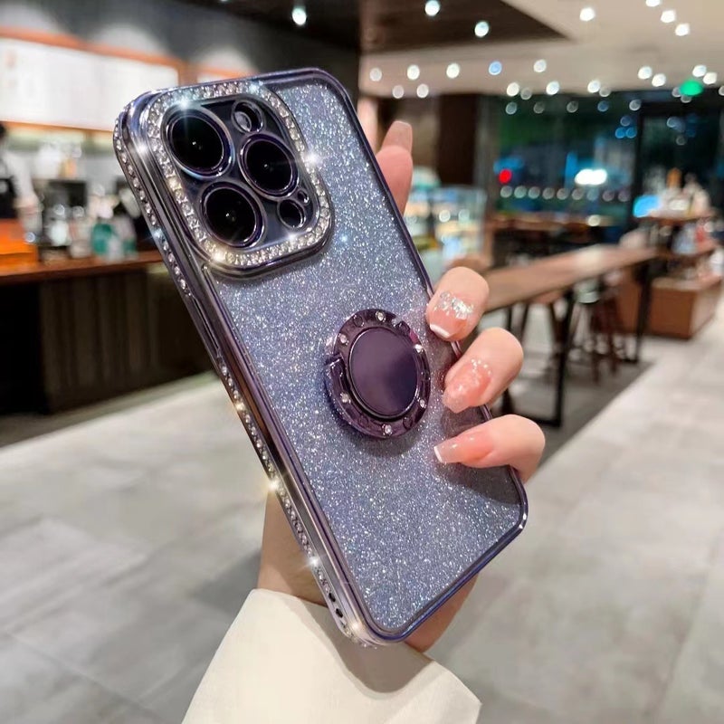 For iPhone14 glitter plating edge drill phone case Apple 14Promax ring bracket case lens with drill - Image 5