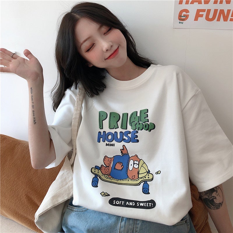 Short-Sleeved T-Shirt Women'S Cotton Loose Korean-Style Ins Women'S All-Match Cartoon Printed Inner Half-Sleeve Top - Image 1