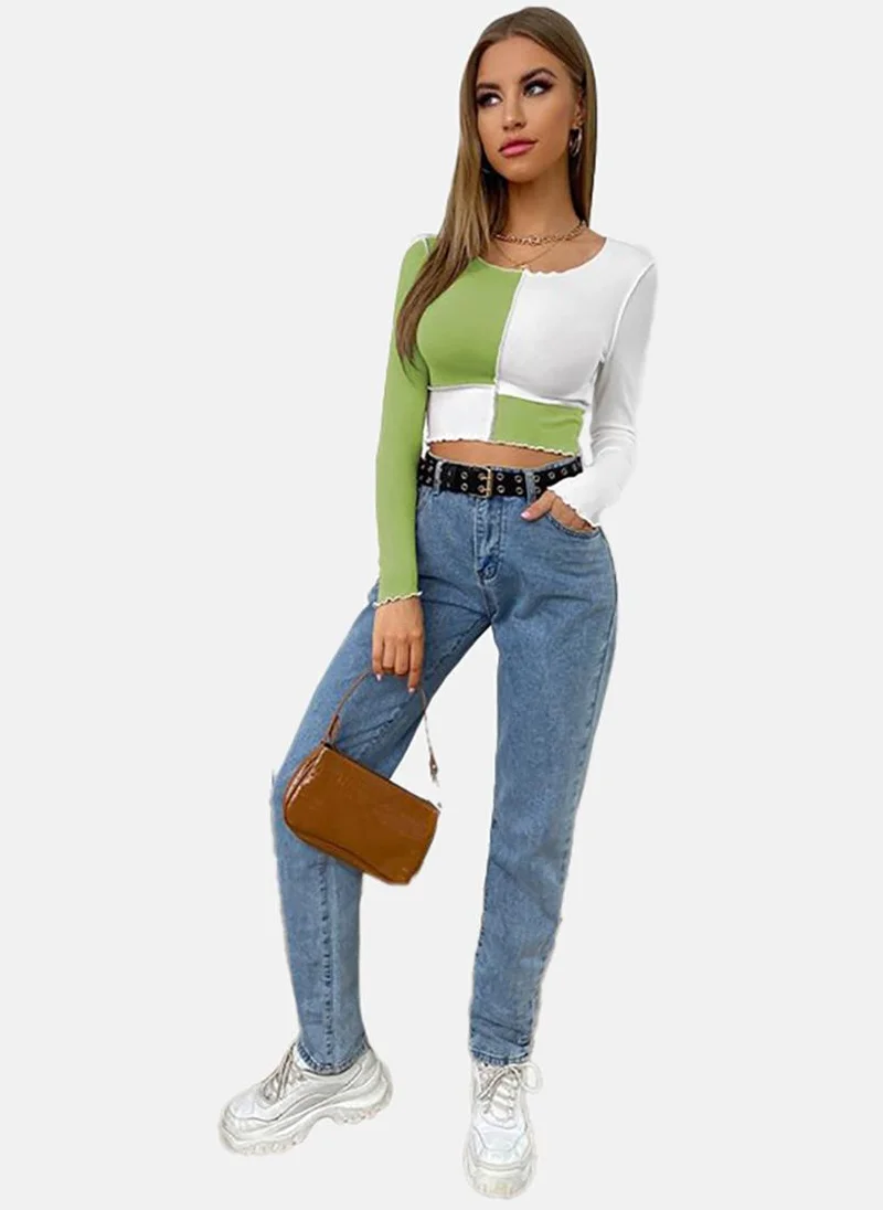 يونيكي Green Colour Blocked Slim Fit Long Sleeve Top