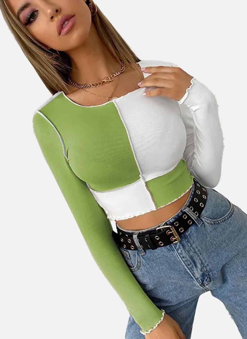 YUNIQEE Green Colour Blocked Slim Fit Long Sleeve Top