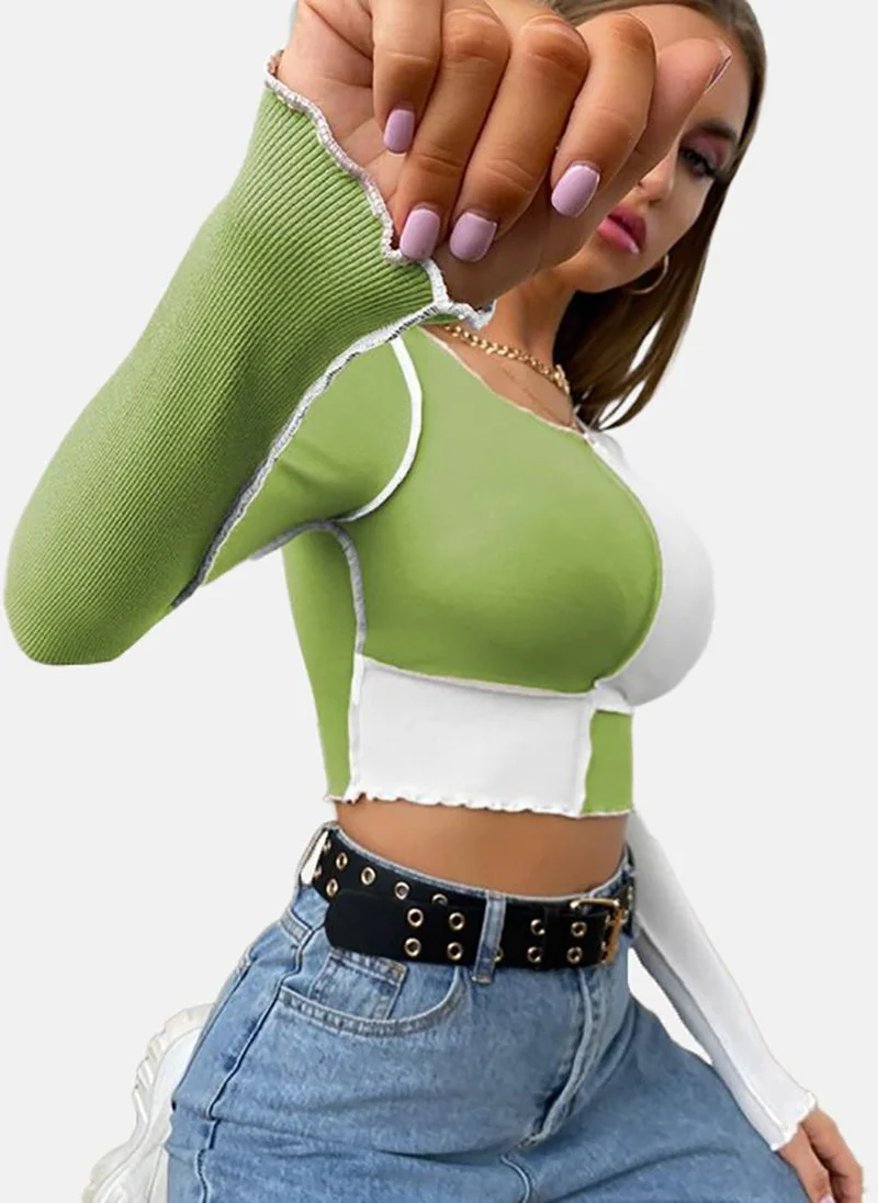يونيكي Green Colour Blocked Slim Fit Long Sleeve Top